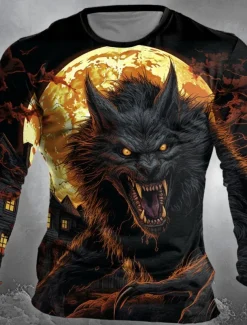 Halloween Men's Werewolf T shirt Long Sleeve T shirt 3D Print Crew Neck Shirt Designer Retro Vintage Street Casual Daily Black Summer Spring Fall Clothing Apparel S M L XL XXL XXXL