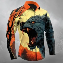 Halloween Men's Wolf Halloween Costumes Shirt Button Up Shirt Long Sleeve Dark Gothic Style Outdoor Holiday Spring Fall Turndown 3D Print Collared Shirts Orange yellow Blue Orange Dark Blue
