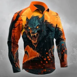Halloween Men's Wolf Halloween Costumes Shirt Button Up Shirt Long Sleeve Dark Gothic Style Outdoor Holiday Spring Fall Turndown 3D Print Collared Shirts Orange yellow Blue Orange Dark Blue