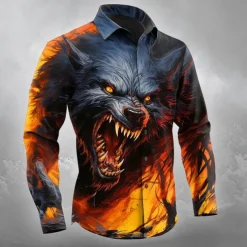 Halloween Men's Wolf Halloween Costumes Shirt Button Up Shirt Long Sleeve Dark Gothic Style Outdoor Holiday Spring Fall Turndown 3D Print Collared Shirts Orange yellow Blue Orange Dark Blue