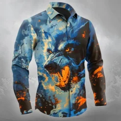 Halloween Men's Wolf Halloween Costumes Shirt Button Up Shirt Long Sleeve Dark Gothic Style Outdoor Holiday Spring Fall Turndown 3D Print Collared Shirts Orange yellow Blue Orange Dark Blue