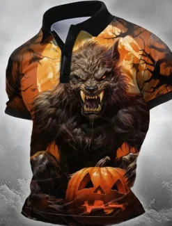 Halloween Men's Wolf Polo Short Sleeve Polo Shirts Collared Shirts Casual Horror Dark Athleisure Festival Outfit 3D Print Buttons Summer Black Orange