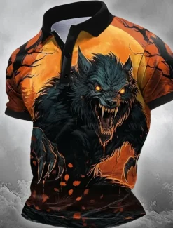 Halloween Men's Wolf Polo Short Sleeve Polo Shirts Collared Shirts Casual Horror Dark Athleisure Festival Outfit 3D Print Buttons Summer Black Orange