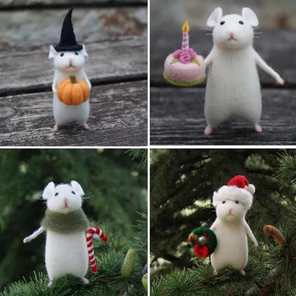 Halloween Mouse with Pumpkin, Christmas Mouse with a Gift, Needle Felting Mouse, Birthday Mouse, Needle Felting Kit, No Finished DIYKit Pack, Needle Felting Miniature