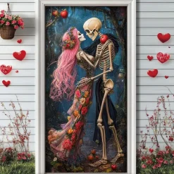Halloween Outdoor Decorations Door Covers Door Tapestry Door Curtain Decoration Backdrop Indoor/Outdoor Door Banner for Front Door Farmhouse Skull Couple