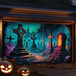 Halloween Outdoor Garage Door Cover Cemetery Skeletons Banner Large Tapestry Backdrop Decoration for Holiday Outdoor Garage Door Home Wall Decorations