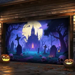 Halloween Outdoor Garage Door Cover Cemetery Skeletons Banner Large Tapestry Backdrop Decoration for Holiday Outdoor Garage Door Home Wall Decorations