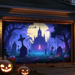 Halloween Outdoor Garage Door Cover Cemetery Skeletons Banner Large Tapestry Backdrop Decoration for Holiday Outdoor Garage Door Home Wall Decorations