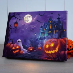 Halloween Pumpkin and Haunted Castle LED Canvas Wall Art - Battery Operated Lighted Wall Decor for 2025 Halloween home decoration light livingroom and bedroom