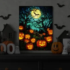 Halloween Pumpkin Clock Night Scene LED Canvas Wall Art - Battery Operated Lighted Wall Decor for 2025 Halloween home decoration light livingroom and bedroom