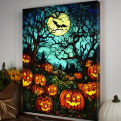 Halloween Pumpkin Clock Night Scene LED Canvas Wall Art - Battery Operated Lighted Wall Decor for 2025 Halloween home decoration light livingroom and bedroom