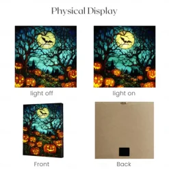 Halloween Pumpkin Clock Night Scene LED Canvas Wall Art - Battery Operated Lighted Wall Decor for 2025 Halloween home decoration light livingroom and bedroom