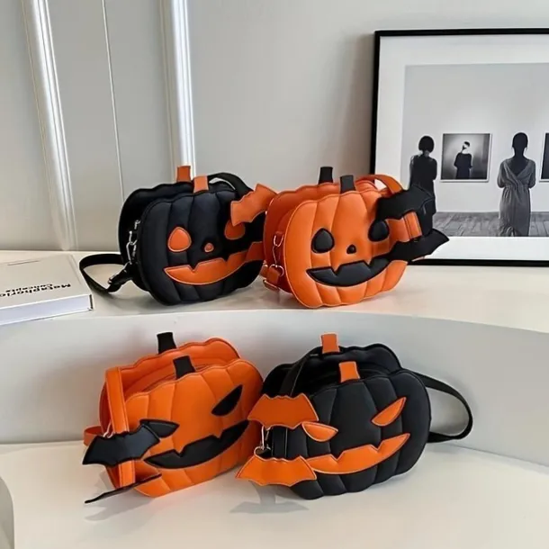 Halloween Pumpkin Crossbody Bag – 3D Jack-O'-Lantern Shoulder Purse with Bat Detail for Women and Kids, Trick-or-Treat Party Accessory
