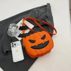 Halloween Pumpkin Crossbody Bag – 3D Jack-O'-Lantern Shoulder Purse with Bat Detail for Women and Kids, Trick-or-Treat Party Accessory