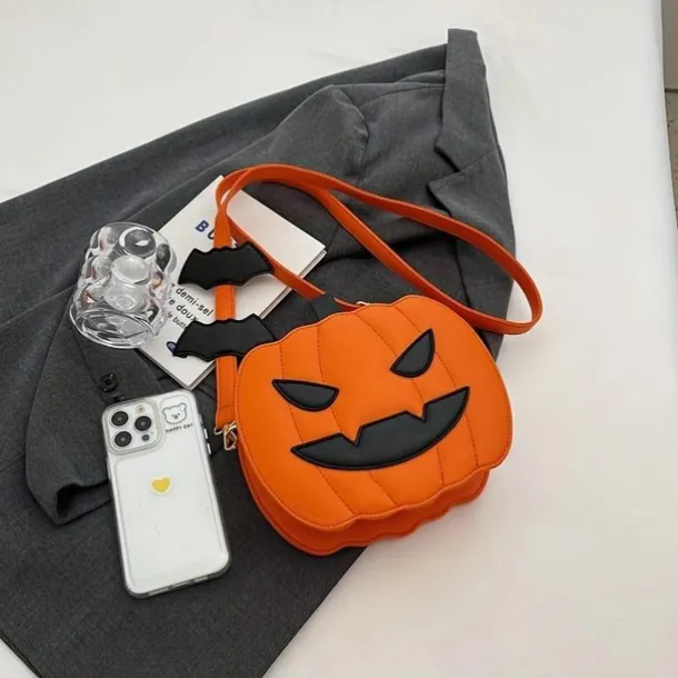 Halloween Pumpkin Crossbody Bag – 3D Jack-O'-Lantern Shoulder Purse with Bat Detail for Women and Kids, Trick-or-Treat Party Accessory