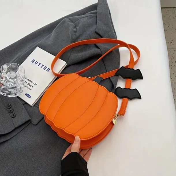 Halloween Pumpkin Crossbody Bag – 3D Jack-O'-Lantern Shoulder Purse with Bat Detail for Women and Kids, Trick-or-Treat Party Accessory