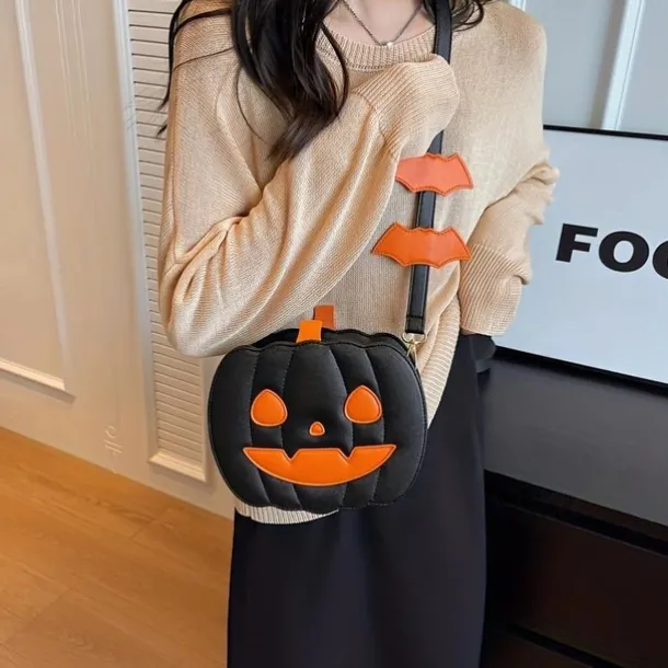 Halloween Pumpkin Crossbody Bag – 3D Jack-O'-Lantern Shoulder Purse with Bat Detail for Women and Kids, Trick-or-Treat Party Accessory