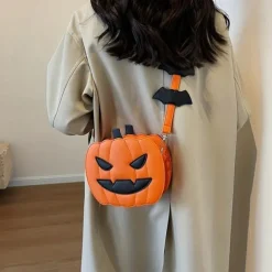 Halloween Pumpkin Crossbody Bag – 3D Jack-O'-Lantern Shoulder Purse with Bat Detail for Women and Kids, Trick-or-Treat Party Accessory