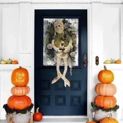 Halloween Scary Mummy Welcome Wreath Sign Mummy Halloween Round Door Hanging Plaque for Halloween Thanksgiving Christmas Home Decor Halloween Welcome Wreath