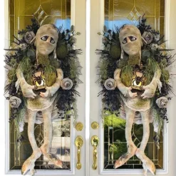 Halloween Scary Mummy Welcome Wreath Sign Mummy Halloween Round Door Hanging Plaque for Halloween Thanksgiving Christmas Home Decor Halloween Welcome Wreath