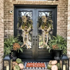 Halloween Scary Mummy Welcome Wreath Sign Mummy Halloween Round Door Hanging Plaque for Halloween Thanksgiving Christmas Home Decor Halloween Welcome Wreath