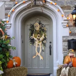 Halloween Scary Mummy Welcome Wreath Sign Mummy Halloween Round Door Hanging Plaque for Halloween Thanksgiving Christmas Home Decor Halloween Welcome Wreath