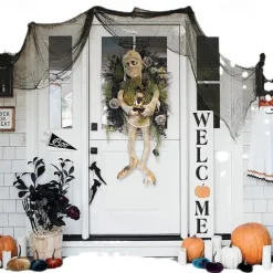 Halloween Scary Mummy Welcome Wreath Sign Mummy Halloween Round Door Hanging Plaque for Halloween Thanksgiving Christmas Home Decor Halloween Welcome Wreath