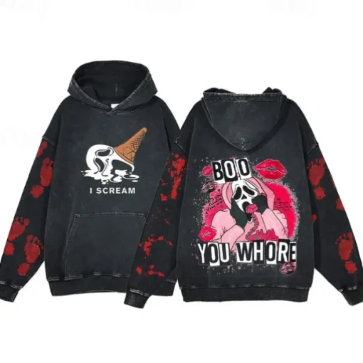 Halloween Scream Ghostface Skull Skeleton Hoodie Oversized Acid Washed Tee Print Front Pocket Graphic For Couple's Men's Women's Adults' Masquerade Hot Stamping Casual Daily