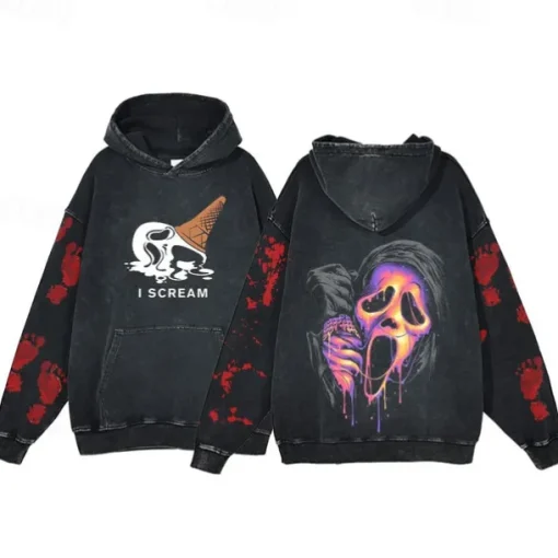 Halloween Scream Ghostface Skull Skeleton Hoodie Oversized Acid Washed Tee Print Front Pocket Graphic For Couple's Men's Women's Adults' Masquerade Hot Stamping Casual Daily