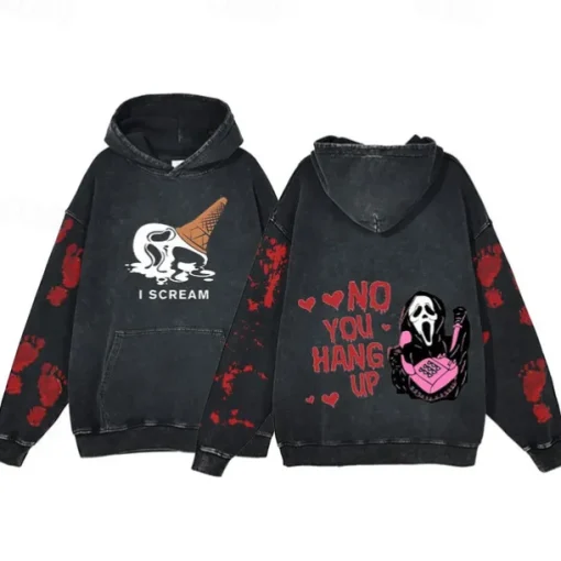 Halloween Scream Ghostface Skull Skeleton Hoodie Oversized Acid Washed Tee Print Front Pocket Graphic For Couple's Men's Women's Adults' Masquerade Hot Stamping Casual Daily