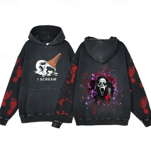 Halloween Scream Ghostface Skull Skeleton Hoodie Oversized Acid Washed Tee Print Front Pocket Graphic For Couple's Men's Women's Adults' Masquerade Hot Stamping Casual Daily