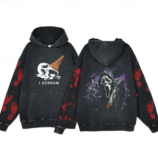Halloween Scream Ghostface Skull Skeleton Hoodie Oversized Acid Washed Tee Print Front Pocket Graphic For Couple's Men's Women's Adults' Masquerade Hot Stamping Casual Daily