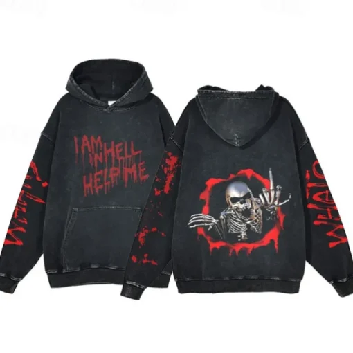 Halloween Scream Skull Skeleton Hoodie Oversized Acid Washed Tee Print Front Pocket Graphic For Couple's Men's Women's Adults' Masquerade Hot Stamping Casual Daily