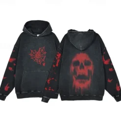 Halloween Scream Skull Skeleton Hoodie Oversized Acid Washed Tee Print Front Pocket Graphic For Couple's Men's Women's Adults' Masquerade Hot Stamping Casual Daily