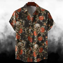Halloween Skeleton Skull Pumpkin Hawaiian Shirts Aloha Shirt Print For Men's Adults' Halloween Carnival Masquerade 3D Print Party Halloween