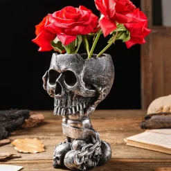Halloween Skeleton Skull Head Flower Pot Nordic Modern Home Decoration Personalized Damaged Old Shackles Skull Head Resin Crafts Halloween Ghost Head Bone Gift Scene Decoration Photography Props 1PC