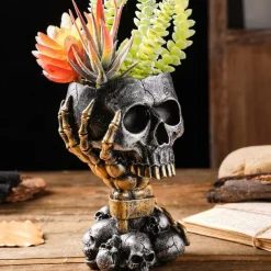 Halloween Skeleton Skull Head Flower Pot Nordic Modern Home Decoration Personalized Damaged Old Shackles Skull Head Resin Crafts Halloween Ghost Head Bone Gift Scene Decoration Photography Props 1PC