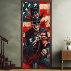 Halloween Skull Door Decorations Door Covers 4th of July Patriotic Independence Day Backdrop Indoor/Outdoor Door Banner for Front Door Farmhouse