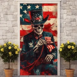 Halloween Skull Door Decorations Door Covers 4th of July Patriotic Independence Day Backdrop Indoor/Outdoor Door Banner for Front Door Farmhouse