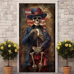 Halloween Skull Door Decorations Door Covers 4th of July Patriotic Independence Day Backdrop Indoor/Outdoor Door Banner for Front Door Farmhouse