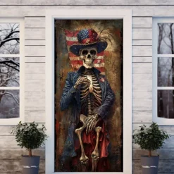 Halloween Skull Door Decorations Door Covers 4th of July Patriotic Independence Day Backdrop Indoor/Outdoor Door Banner for Front Door Farmhouse