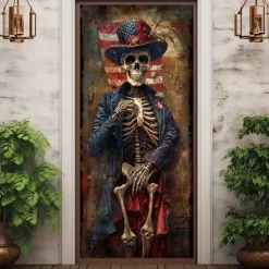 Halloween Skull Door Decorations Door Covers 4th of July Patriotic Independence Day Backdrop Indoor/Outdoor Door Banner for Front Door Farmhouse