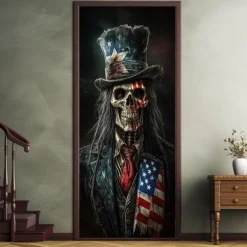 Halloween Skull Door Decorations Door Covers 4th of July Patriotic Independence Day Backdrop Indoor/Outdoor Door Banner for Front Door Farmhouse