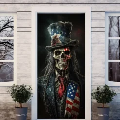 Halloween Skull Door Decorations Door Covers 4th of July Patriotic Independence Day Backdrop Indoor/Outdoor Door Banner for Front Door Farmhouse