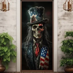 Halloween Skull Door Decorations Door Covers 4th of July Patriotic Independence Day Backdrop Indoor/Outdoor Door Banner for Front Door Farmhouse