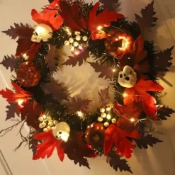 Halloween Skull Pvc With Lights Wreath Artificial Fall Wreath With Maple Leaf Pumpkin Berries, Thanksgiving Wall Garden Hanging Decoration 17.8 Inch Halloween Skull Wreath Horror Wreath Halloween Prop Decoration