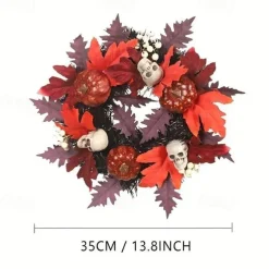 Halloween Skull Pvc With Lights Wreath Artificial Fall Wreath With Maple Leaf Pumpkin Berries, Thanksgiving Wall Garden Hanging Decoration 17.8 Inch Halloween Skull Wreath Horror Wreath Halloween Prop Decoration