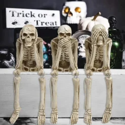 Halloween Skull Statues, Resin Skeleton Shelf Sitters, Sitting Figurines for Home Bookshelf and Table Edge, Decorative Crafts Ornaments for Skeleton Lovers
