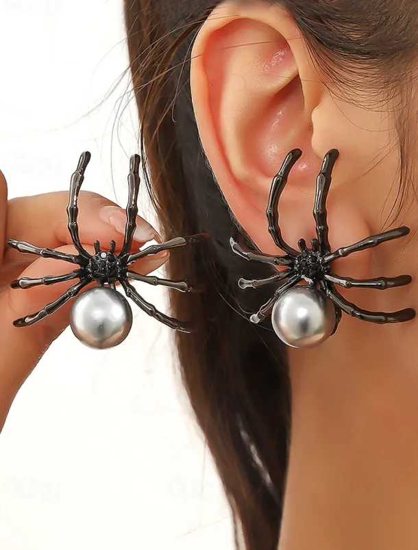 Halloween Spider Earrings with Pearl Accent - Statement Gothic Jewelry for Cosplay, Costume Parties, and Halloween Events