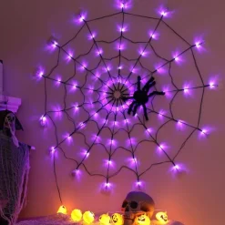 Halloween Spider Web Lights Diameter 80 LED with Black Spider Waterproof Net Lights Remote Control 8 Modes Cobweb Halloween Decorations for House Garden Indoor Outdoor Scary Theme